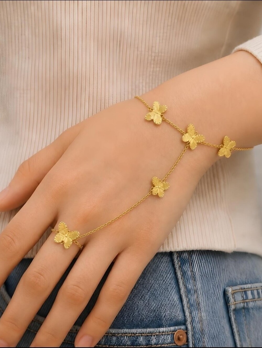 Gold Butterfly Hand Harness Ring Bracelet Chain Adjustable